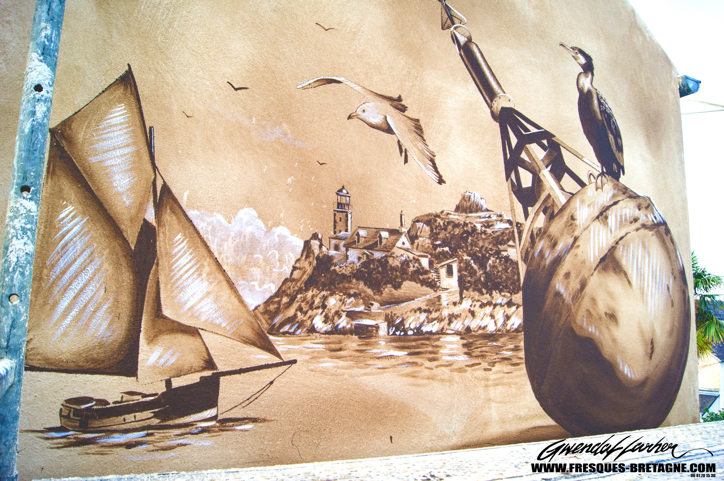 Détail du pignon peint en fresque, île Louët et baie de Morlaix, à Locquénolé